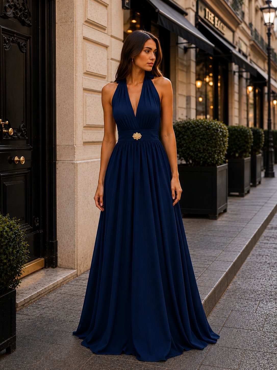 Γυναικείο Maxi Φόρεμα Halter με Ανοιχτή Πλάτη & Ζώνη – Μπλε | Dress Up Μπλε