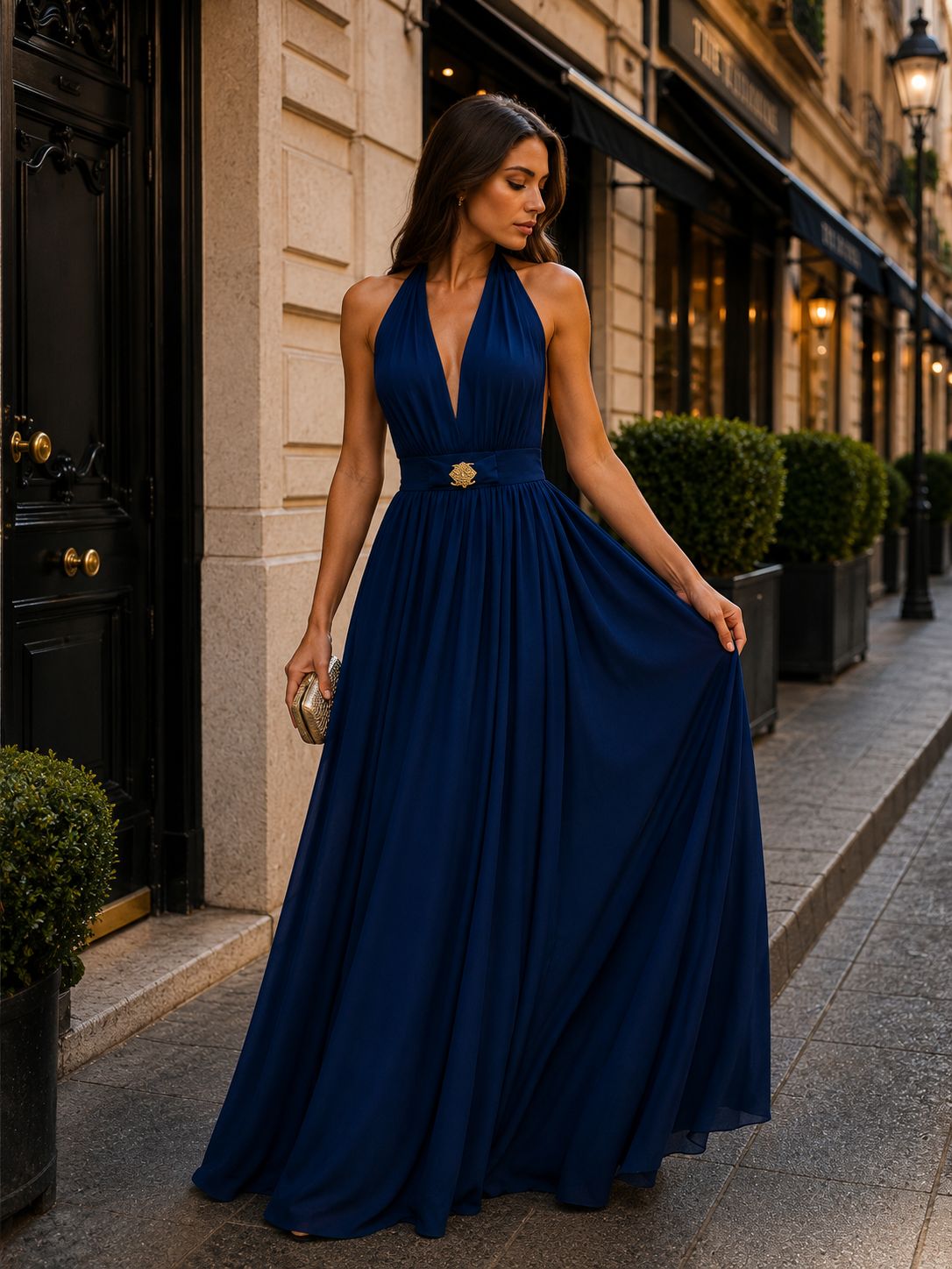 Γυναικείο Maxi Φόρεμα Halter με Ανοιχτή Πλάτη & Ζώνη – Μπλε | Dress Up Μπλε