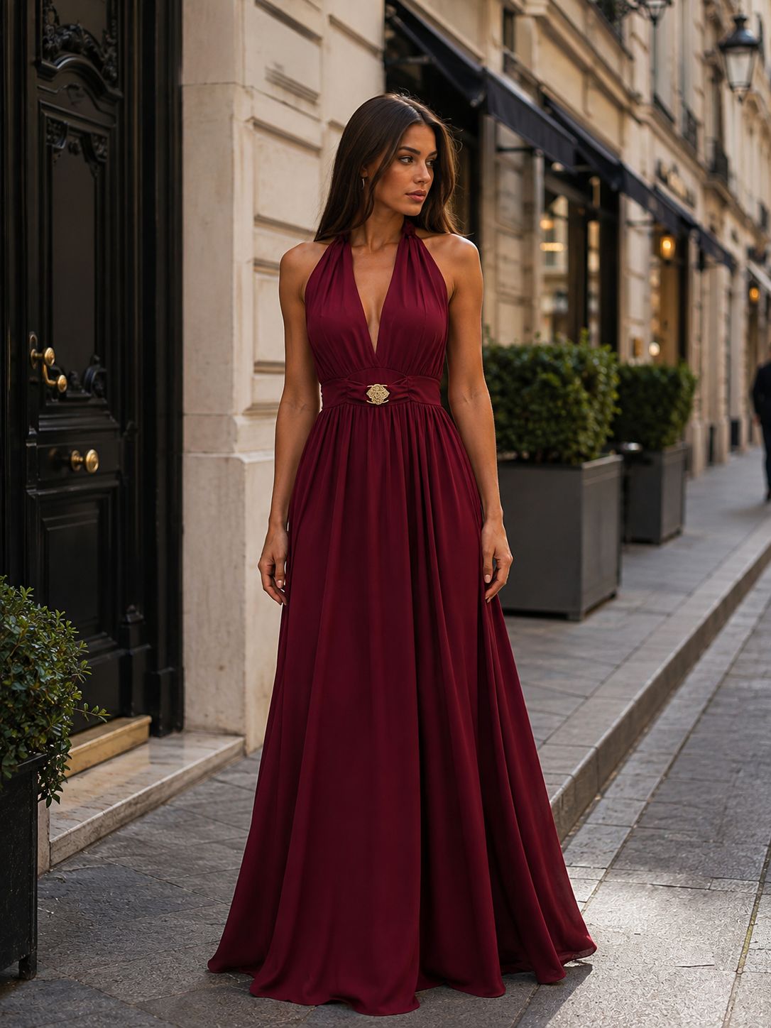 Γυναικείο Maxi Φόρεμα Halter με Ανοιχτή Πλάτη & Ζώνη – Μπορντό | Dress Up Μπορντό