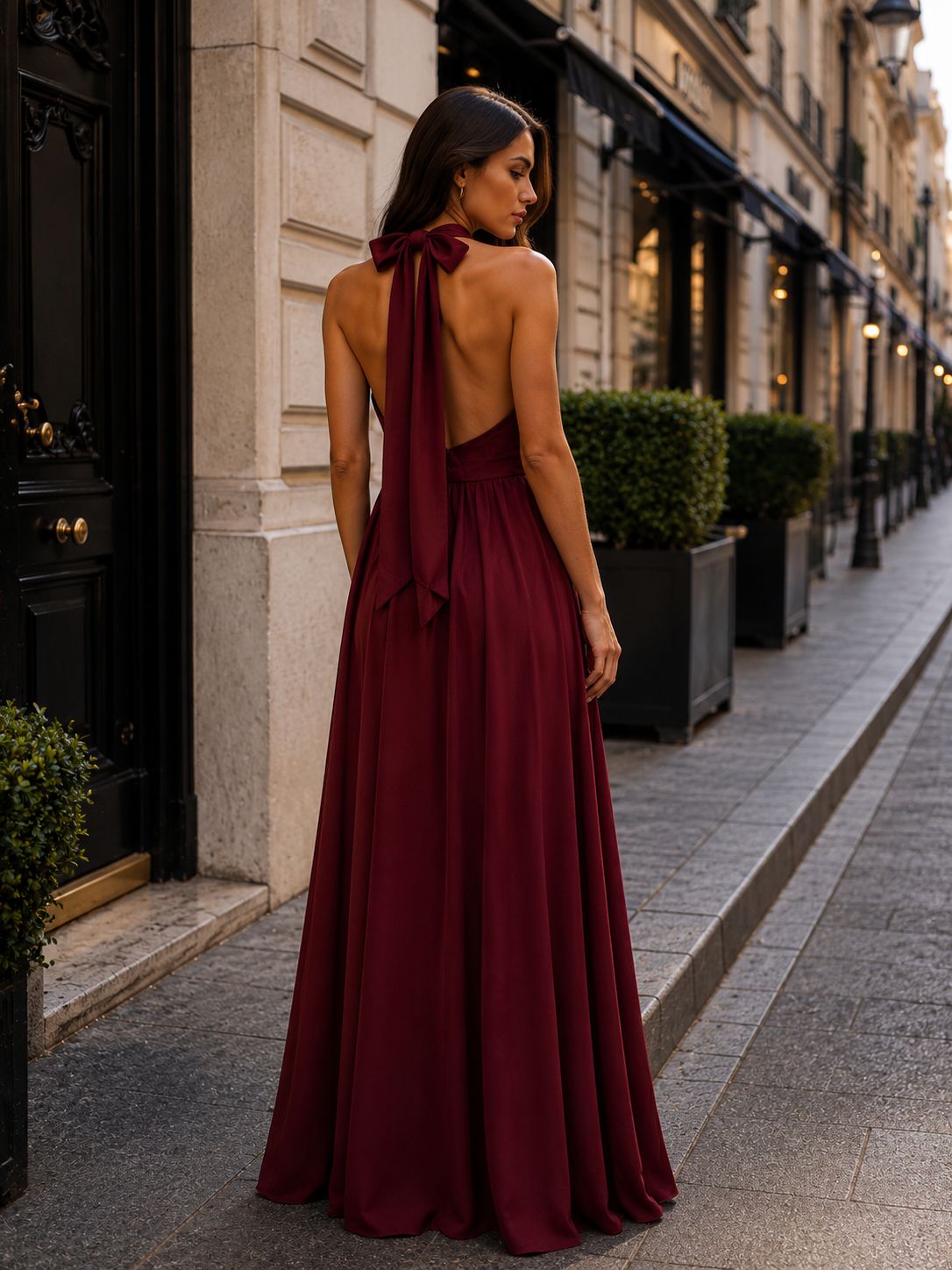 Γυναικείο Maxi Φόρεμα Halter με Ανοιχτή Πλάτη & Ζώνη – Μπορντό | Dress Up Μπορντό