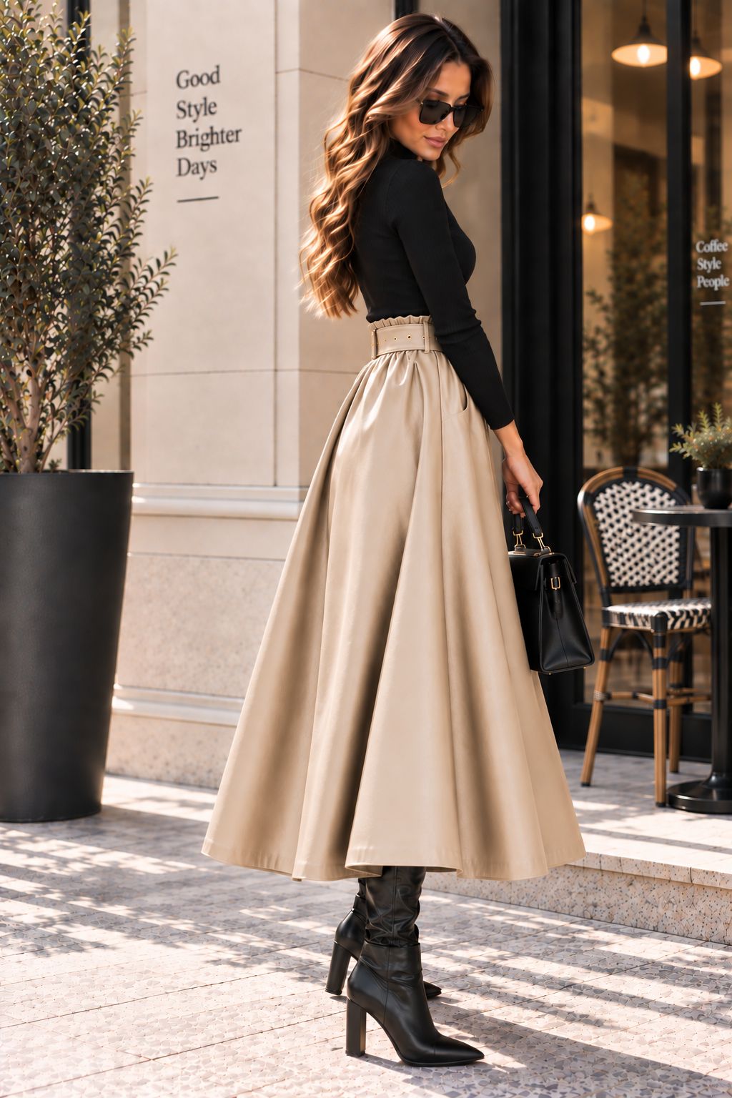 Γυναικεία Midi Φούστα Δερματίνη με Ζώνη - Μπεζ | Dress Up Μπεζ