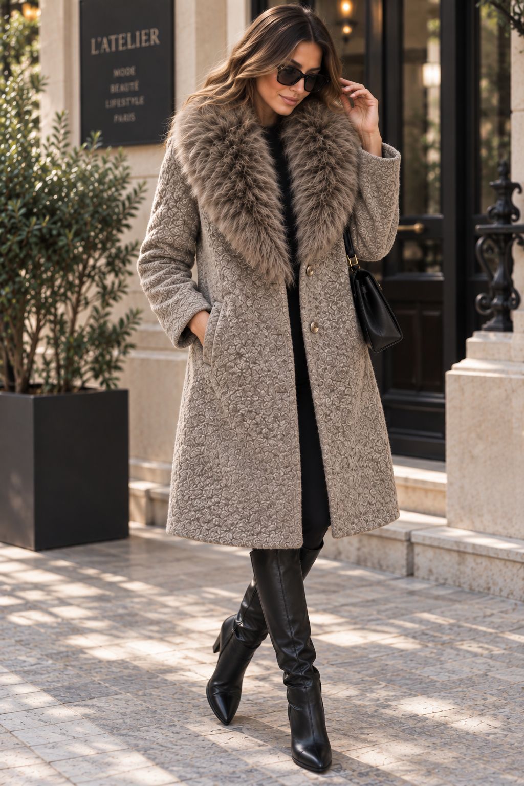 Παλτό με Ανάγλυφη Υφή & Γούνινο Γιακά - Μπεζ | Dress Up Μπεζ