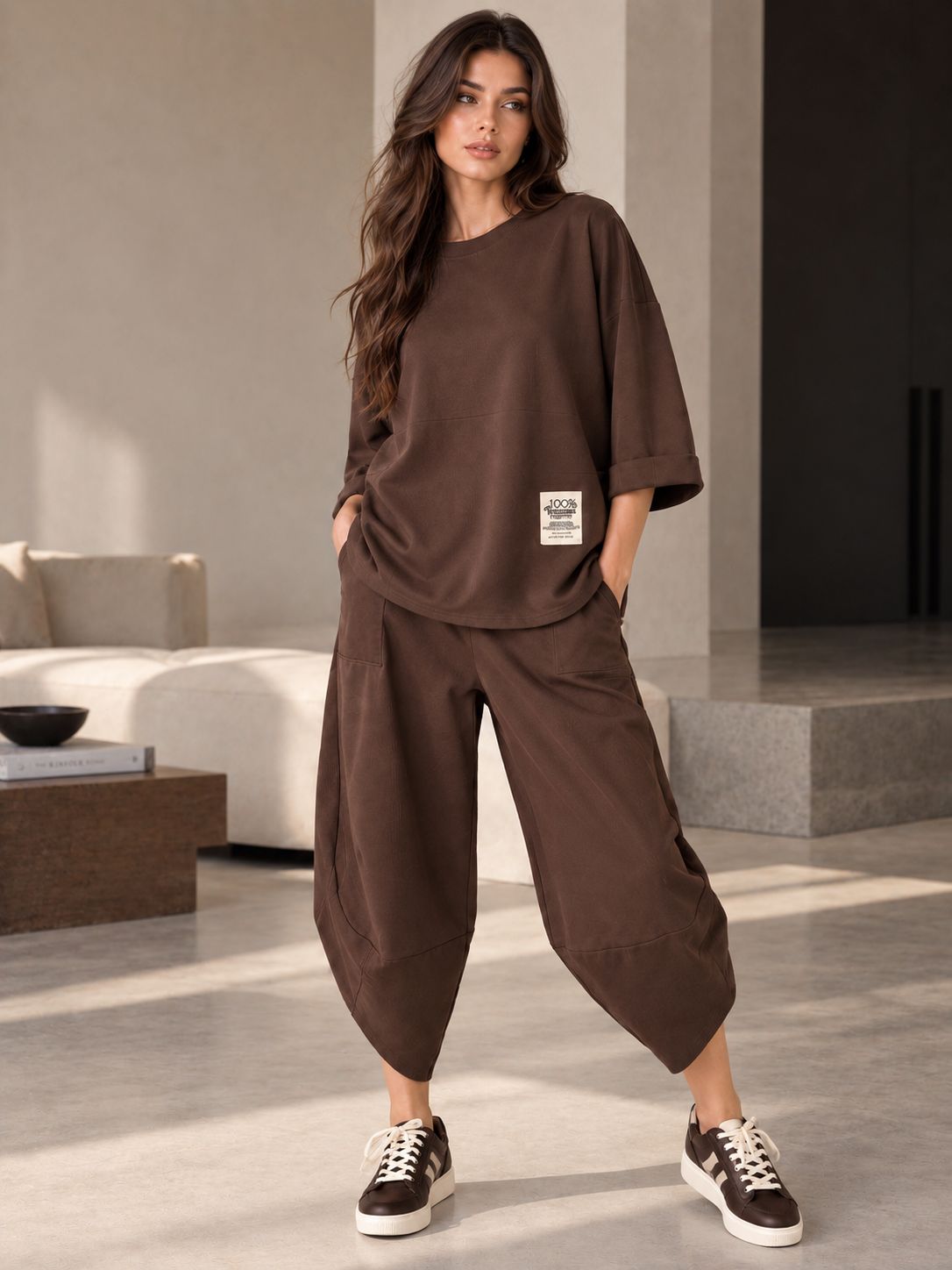 Γυναικείο Σετ Oversized Μπλούζα & Παντελόνι Balloon – Καφέ | Dress Up Καφέ